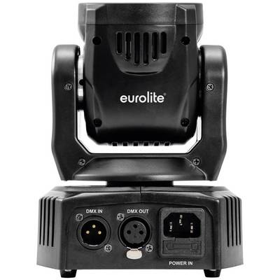 Moving Head Light van Eurolite, zwarte behuizing met aansluitingen: DMX IN, DMX OUT en Power IN aan de achterkant.