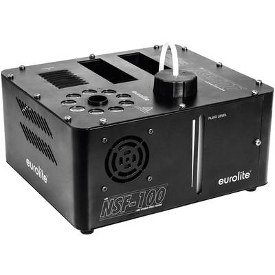 'Eurolite NSF-100 rookmachine in zwart met ventilatierooster, vloeistofniveau-indicator en meerdere ronde openingen aan de bovenkant.'