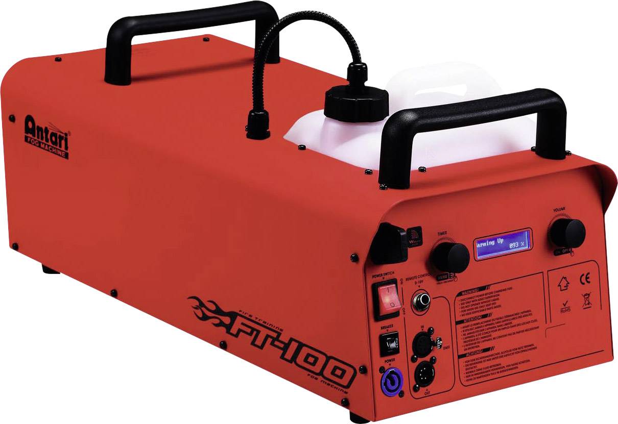 Rode rookmachine met zwarte handgrepen, bedieningselementen en indicatoren aan de voorkant. Merk: Antari. Model: FT-100.