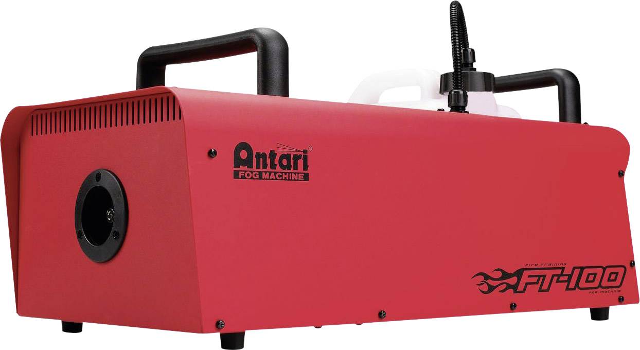Rode rookmachine met zwarte handgreep en slangen, met opschrift: 'Antari rookmachine F-100'.