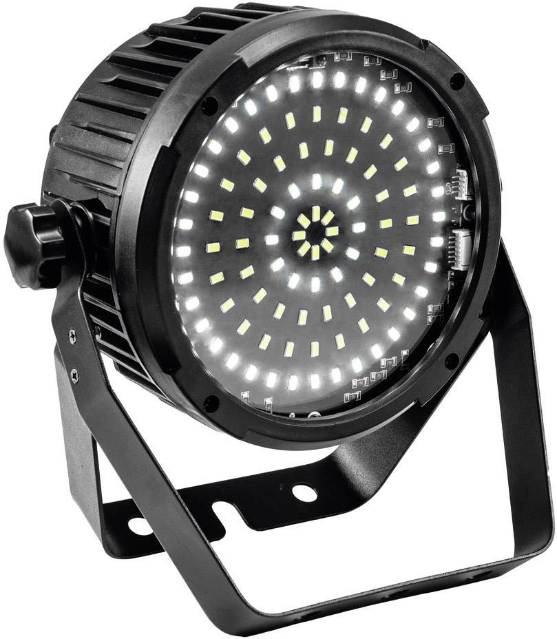 Een ronde, zwarte LED-schijnwerper op een standaard. De LED's zijn cirkelvormig gerangschikt en stralen helder licht uit.