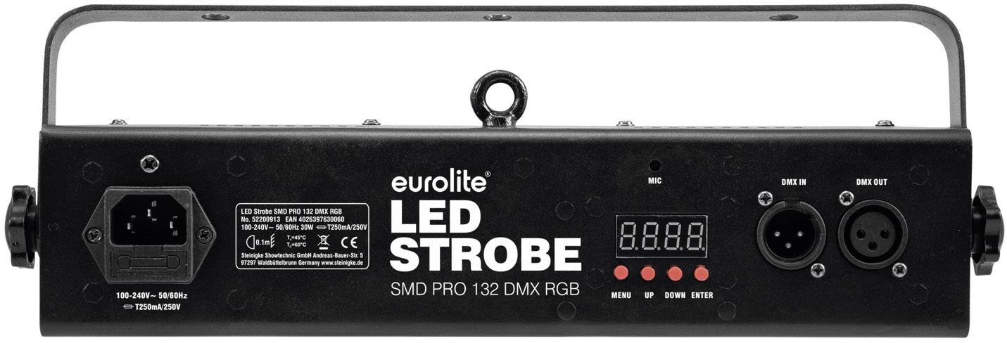 'Eurolite LED Stroboscoop SMD PRO 132 DMX RGB' op de achterkant van een verlichtingsapparaat met aansluitingen en bedieningselementen.