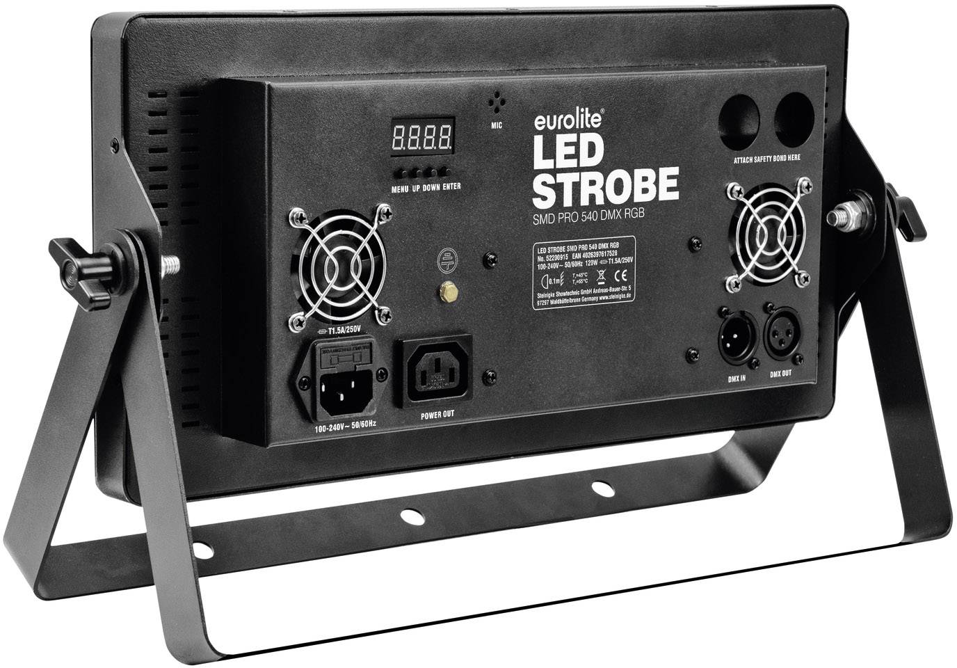 Achterzijde van een Eurolite LED stroboscoop met verschillende aansluitingen, ventilatoren en een digitaal display voor het besturen van lichteffecten.