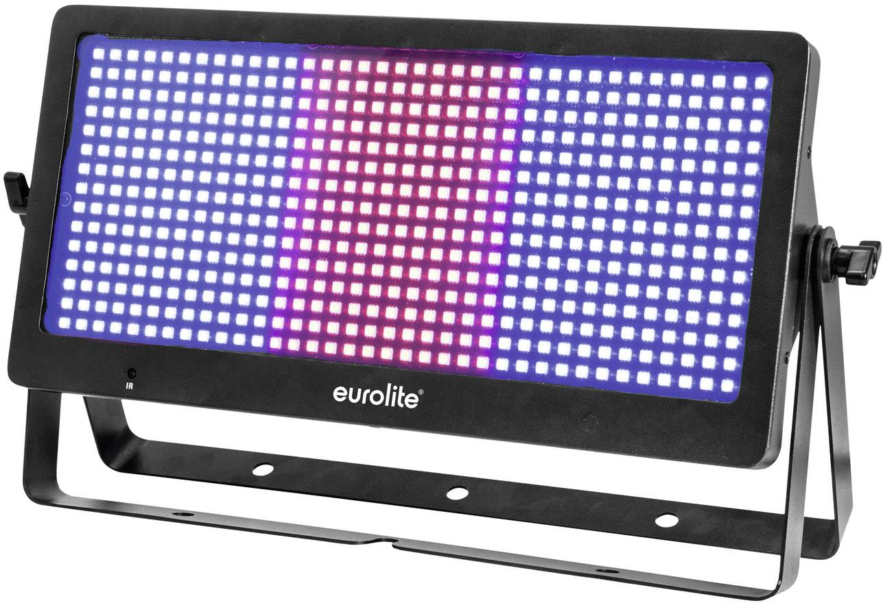 Een rechthoekige LED-schijnwerper op statief, toont een patroon van blauw en rood licht, ideaal voor podiumverlichting.