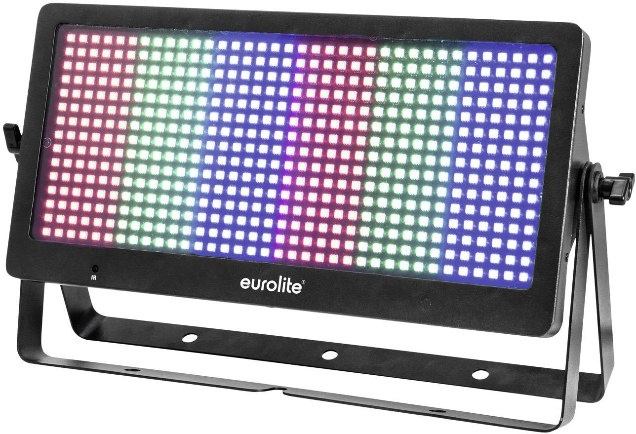 Zwart LED-paneel met matrixpatroon dat rood, groen en blauw oplicht. Gemarkeerd met 'eurolite' onderaan in het midden.