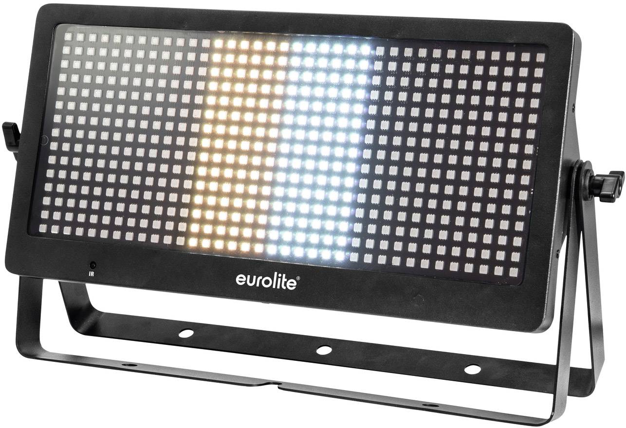 Een LED-lichtpaneel met meerkleurige LED's, gemonteerd op een verstelbare standaard, geschikt voor podiumverlichting.