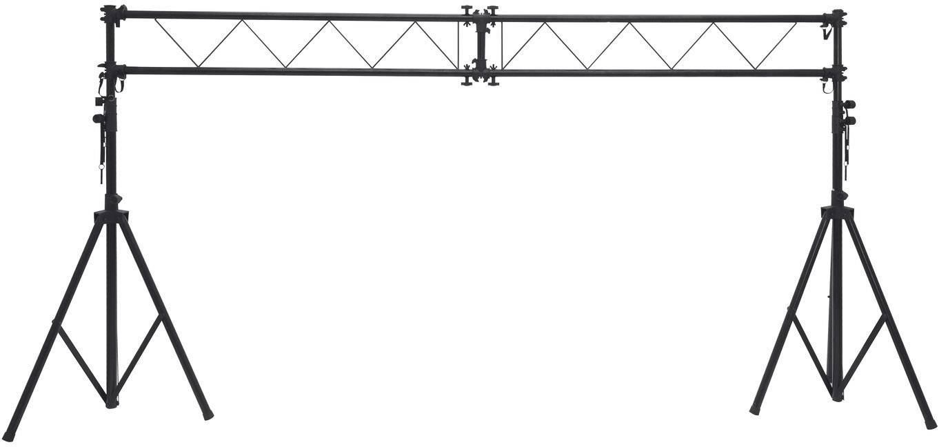 Een zwart travessysteem op twee statieven, vaak gebruikt voor verlichting of luidsprekers bij evenementen.