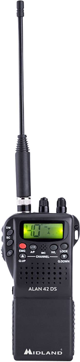 Een draagbare portofoon met display en antenne. Het toont de frequentie en heeft meerdere bedieningselementen voor het instellen van het kanaal.