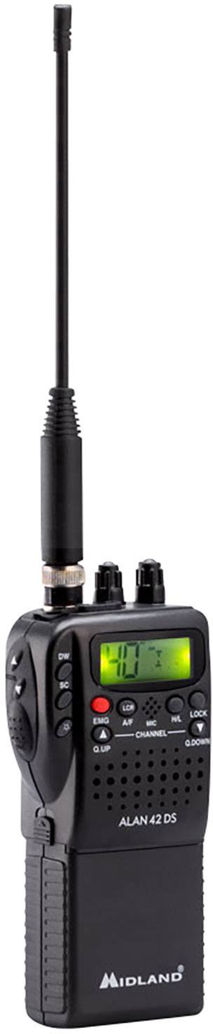 Draagbare handradio met lange antenne, zwarte behuizing en groen display, toont frequentie aan. Geschikt voor communicatie in de buitenlucht.