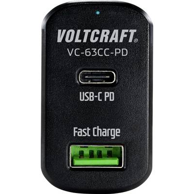 Een zwarte oplader van Voltcraft, model 'VC-63CC-PD', met USB-C PD en een groene 'Fast Charge'-aansluiting voor snel opladen.