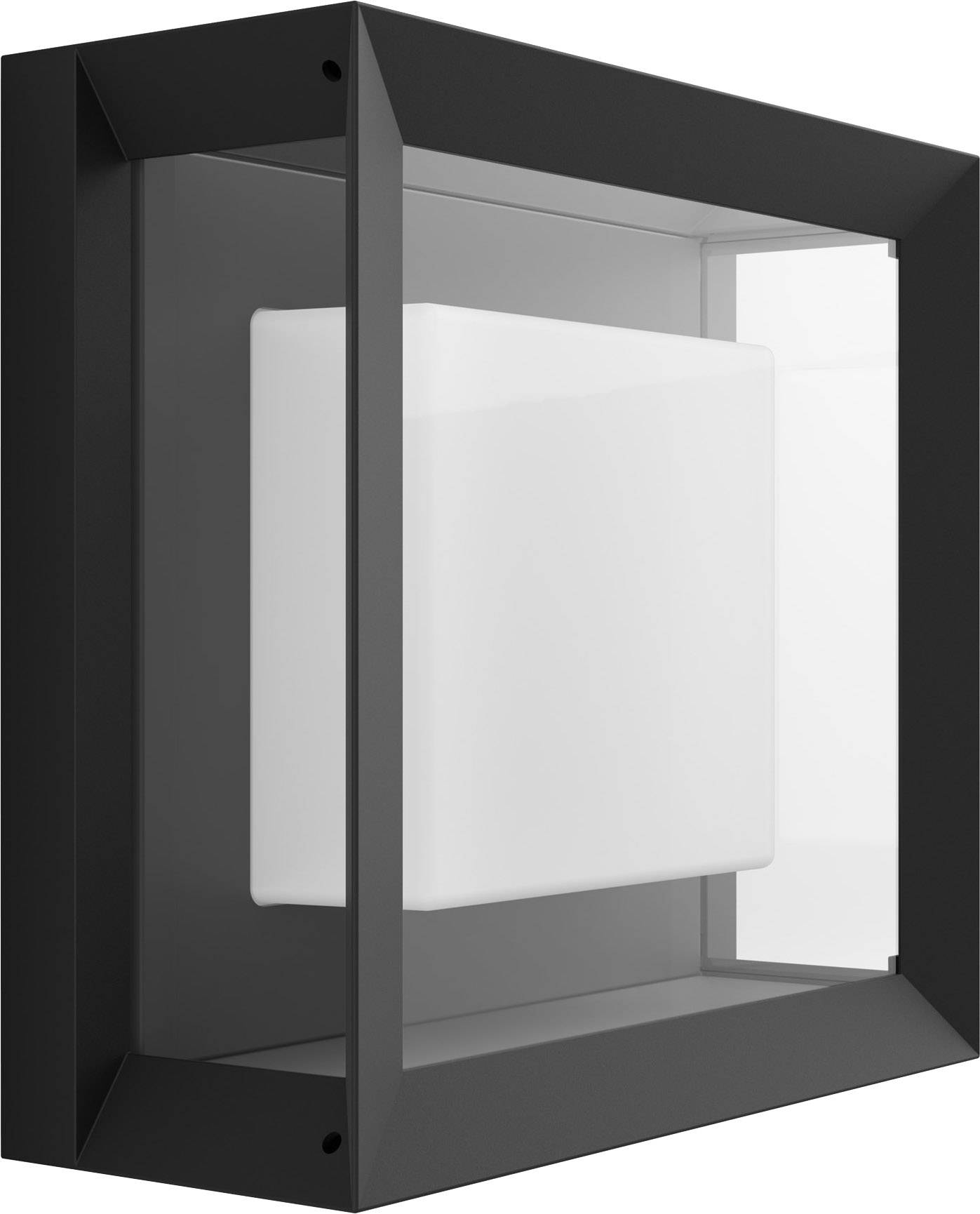 Zwarte, vierkante buitenlamp met witte, matte lichtbak, geschikt voor moderne gebouwgevels.