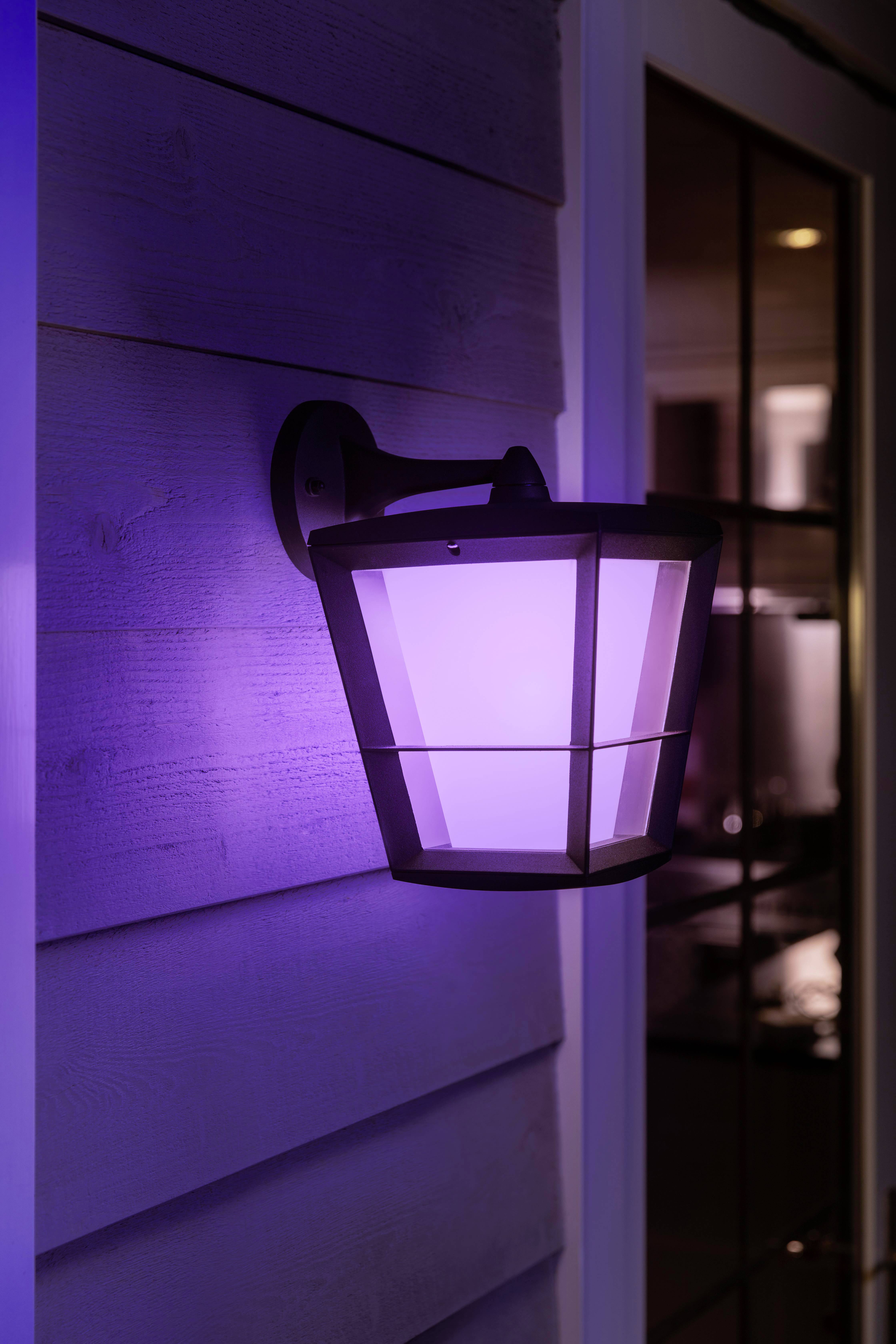 Buitenwandlamp aan een gevel, verlicht in paars licht.