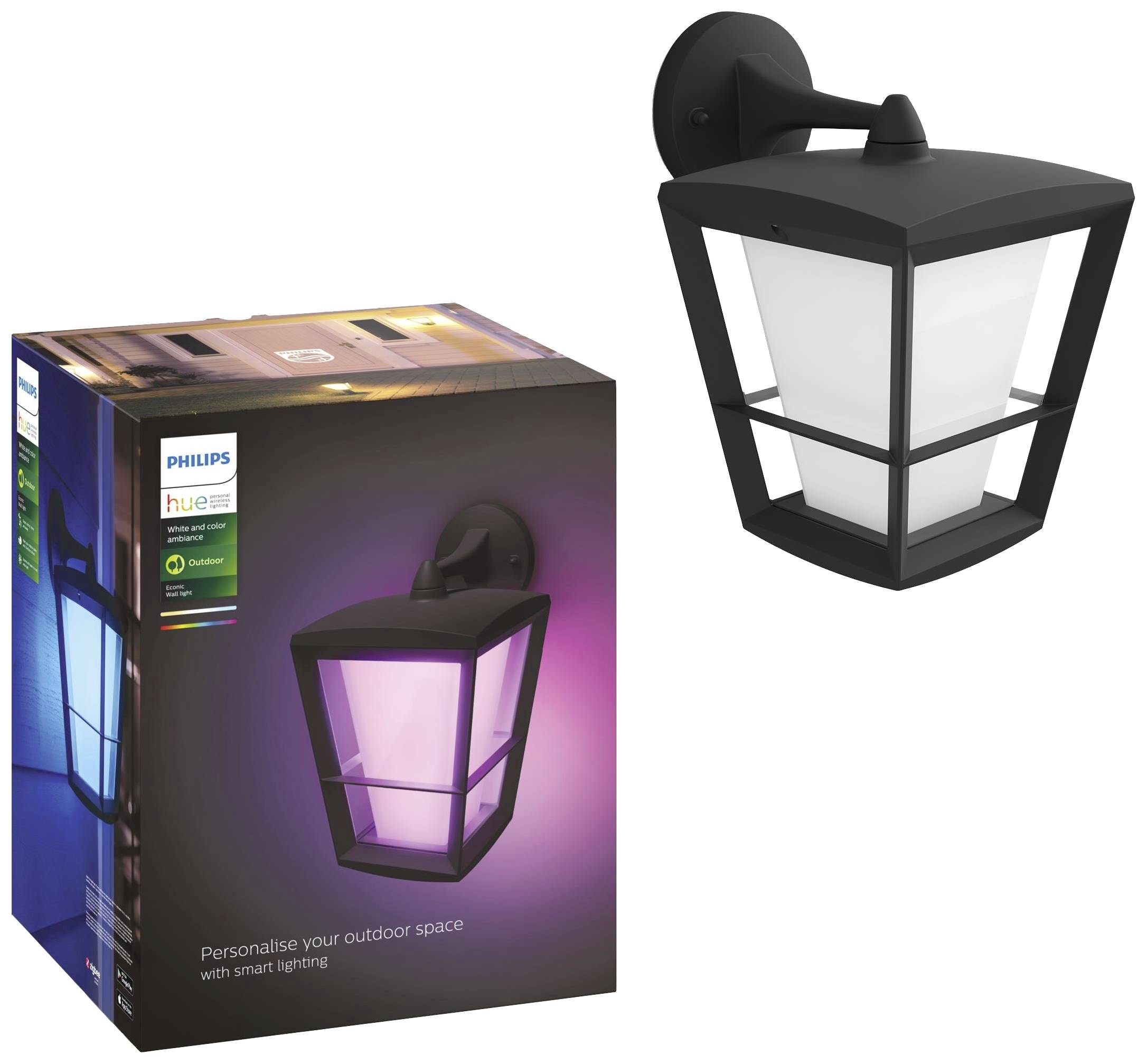 Wandlamp met zwarte metalen lijst en wit glas, naast de originele verpakking met productafbeelding en tekst 'Personaliseer je buitenruimte met slim licht'.