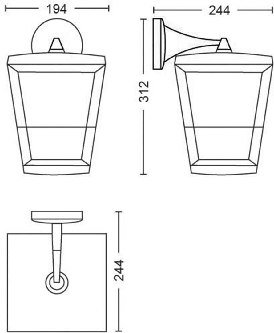 'Technische tekening van een buitenlamp met wandbevestiging.'