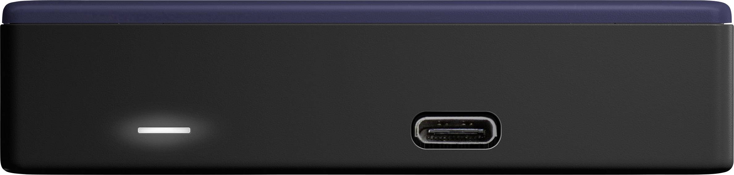 Zwart elektronisch apparaat met een USB-C-aansluiting, ernaast een kleine lichtgevende LED.