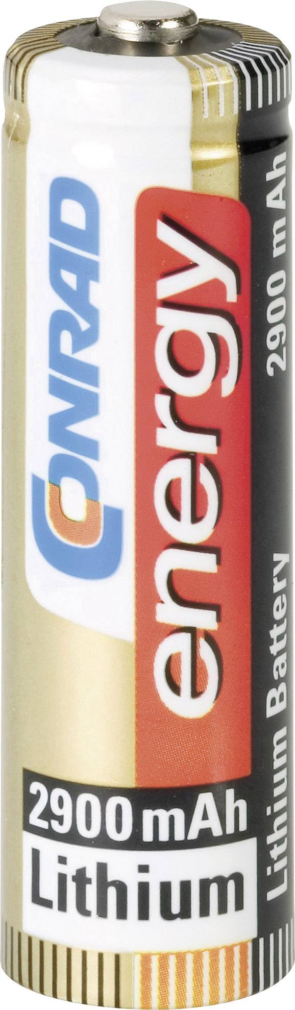 Een gouden lithium-batterij met de opdruk '2900 mAh energy' en het merknaam 'Conrad', geschikt voor gebruik in elektronische apparaten.