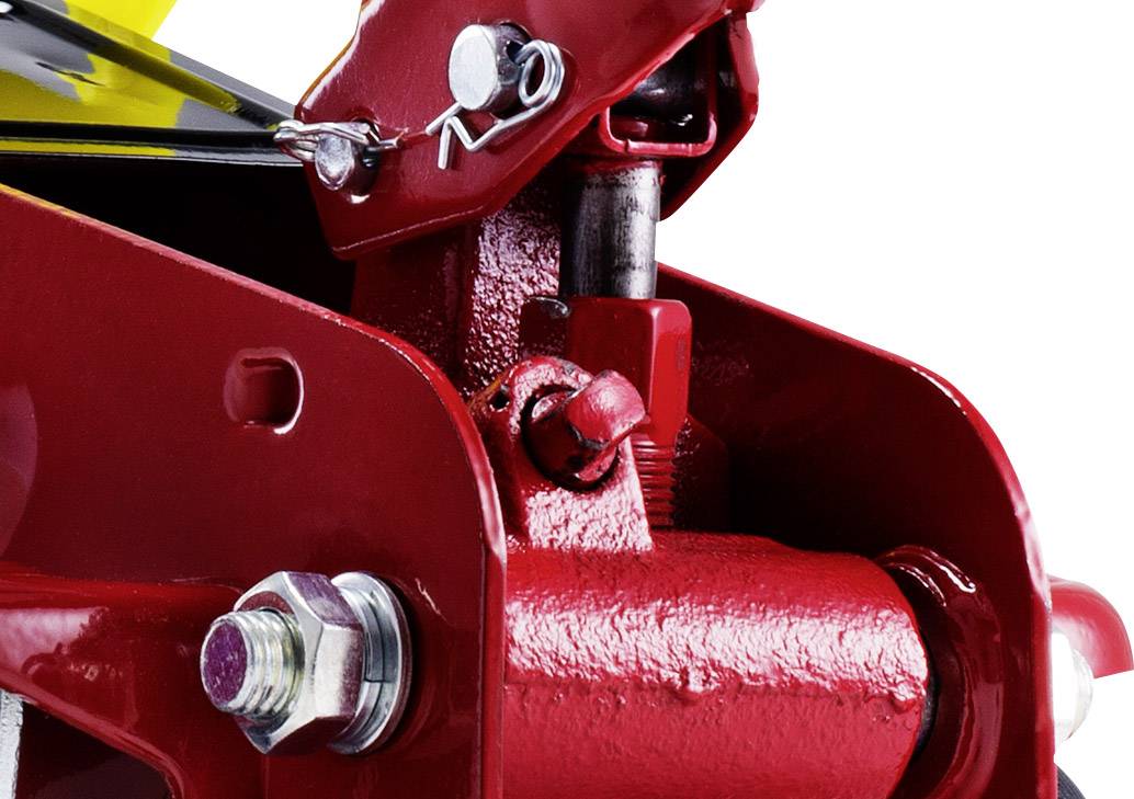 Close-up van een rode metalen mechaniek met schroef en bout, toont technische details en bevestigingselementen.