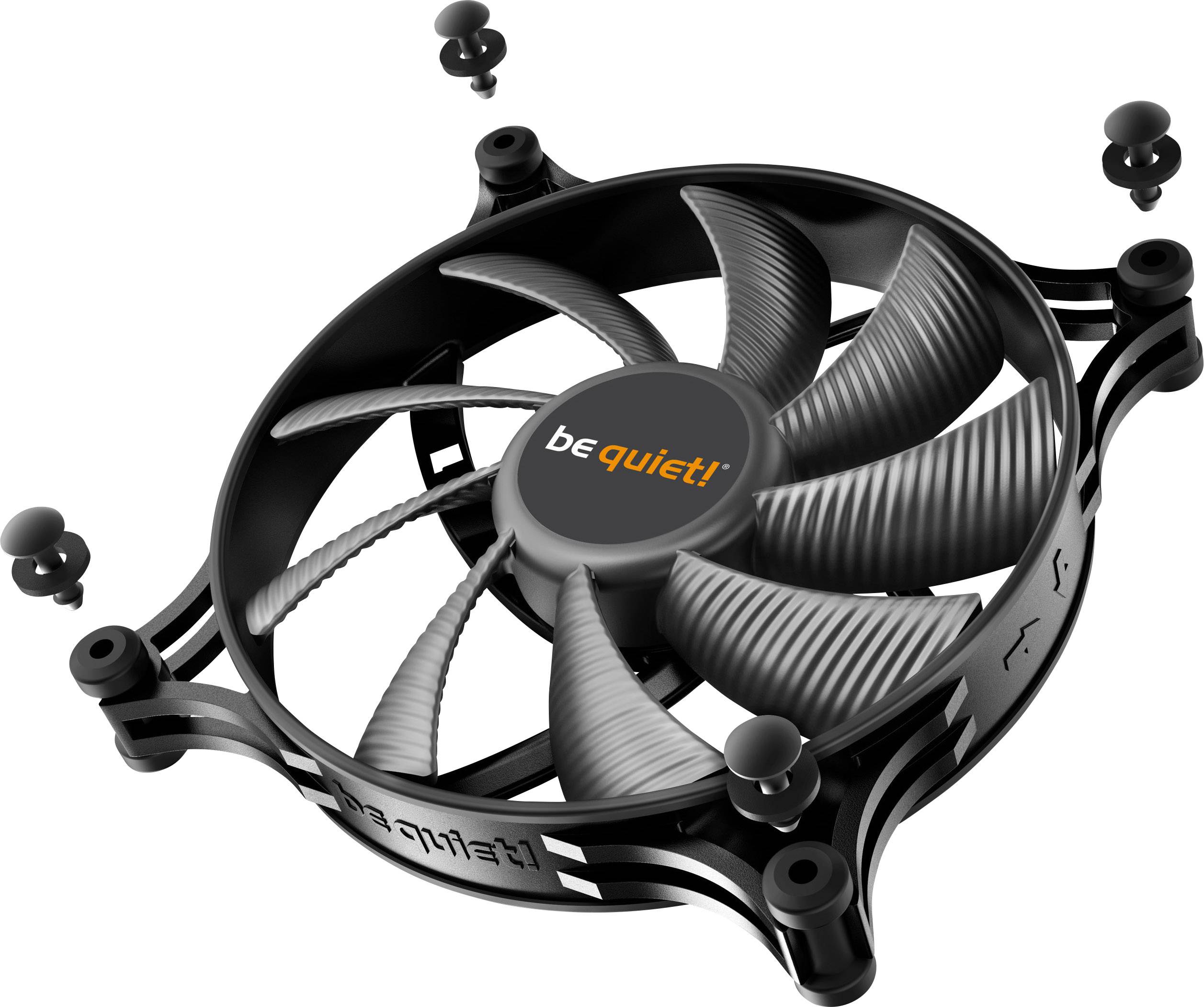 Computerventilator van be quiet! in zwart met grijze rotorbladen, wordt gemonteerd met vier rubberen stutten, biedt stille werking.