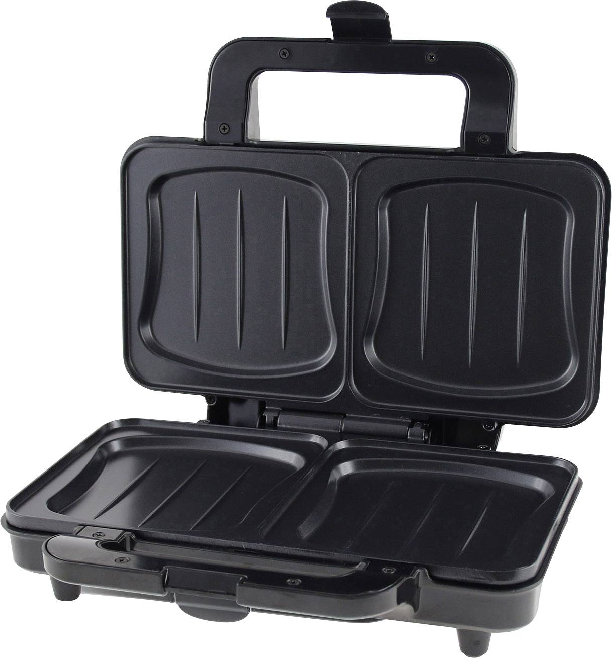 Een geopende tosti-ijzer met twee compartimenten, geschikt voor het roosteren van broodjes. Ideaal voor het bereiden van gegrilde snacks.