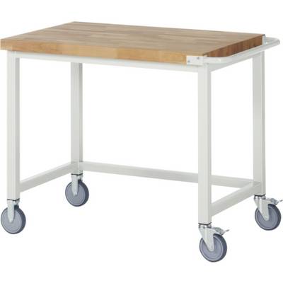 Mobiele keukentafel met houten blad en vier wielen, geschikt voor flexibele werkomgevingen en gemakkelijk verplaatsen in de keuken.