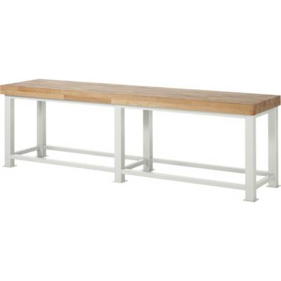Lange, rechthoekige werktafel met licht hout en witte metalen poten. Geschikt voor werkplaats- of keukenomgevingen.