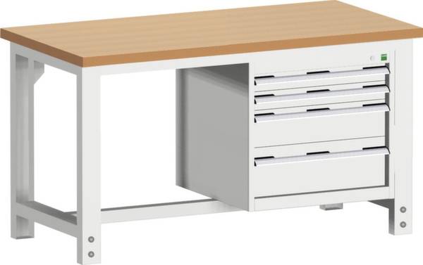 Een werktafel met een houten blad en aan één zijde meerdere metalen laden, geschikt voor werkplaats of magazijn.