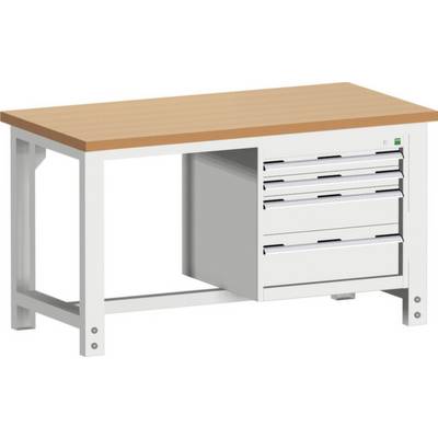 Een werktafel met een houten blad en aan één zijde meerdere metalen laden, geschikt voor werkplaats of magazijn.