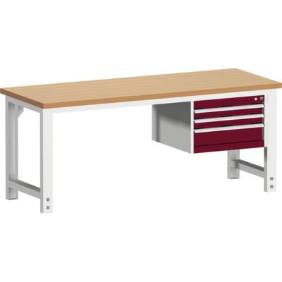 Een lange houten werktafel met een metalen frame en drie rode laden aan de rechterkant.