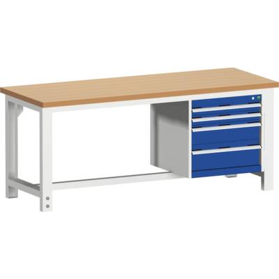 Werkbank met metalen frame, houten werkblad en vier blauwe laden aan de rechterkant. Ideaal voor werkplaatswerkzaamheden.