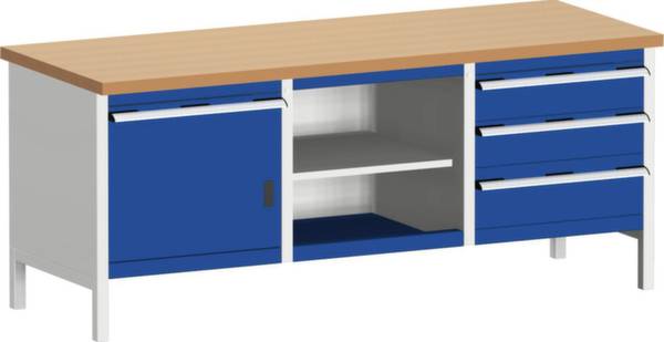Blauwe werktafel met een houten blad, twee ladeafdelingen rechts, een deursectie links, en een open schap in het midden.