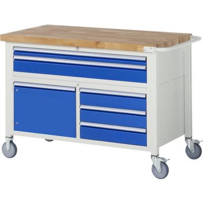 Gereedschapswagen met blauwe ladefronten en een houten werkblad, gemonteerd op wielen voor gemakkelijke verplaatsing in een werkplaatsomgeving.