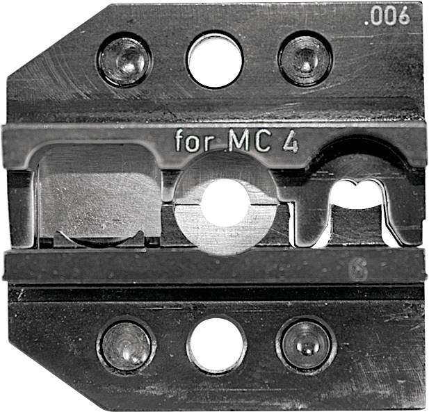 Metalen gereedschap met opschrift 'for MC 4', zes schroefgaten en 0,06 meetaanduiding.