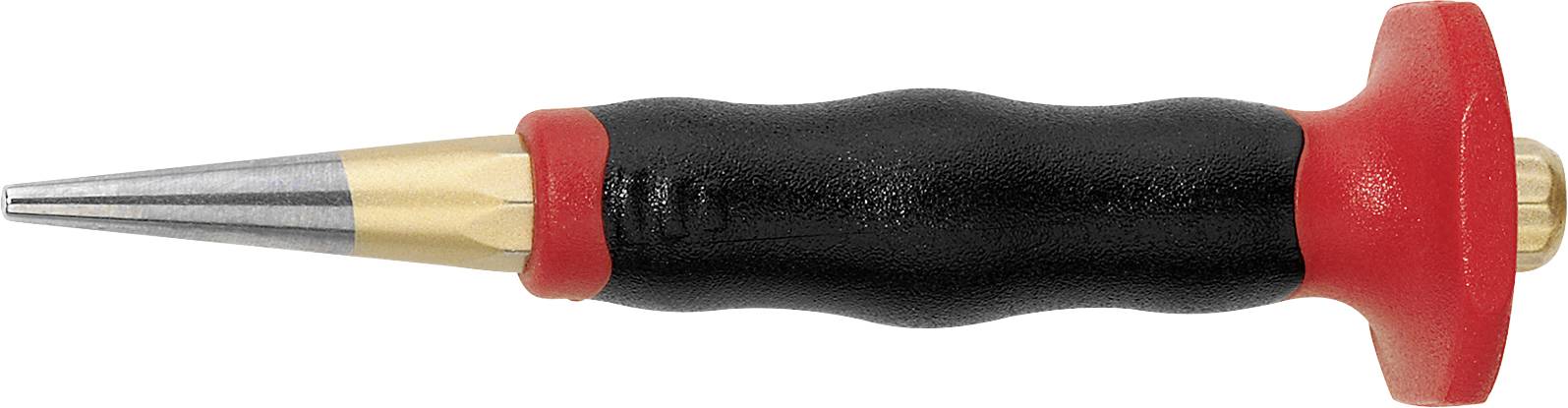 Zwarte, getande greep met een rode knop en een metalen punt. Het gaat om een handgereedschap, zoals een centerpunt of schroevendraaier.