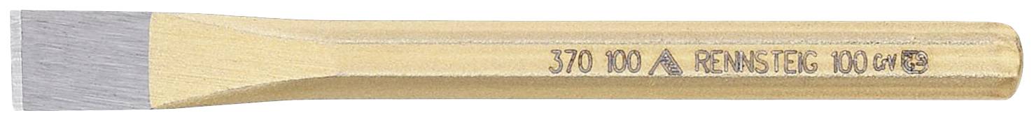 Een goudkleurige, platte beitel met de inscriptie '370 100 A, RENNSTEIG, 100G'.