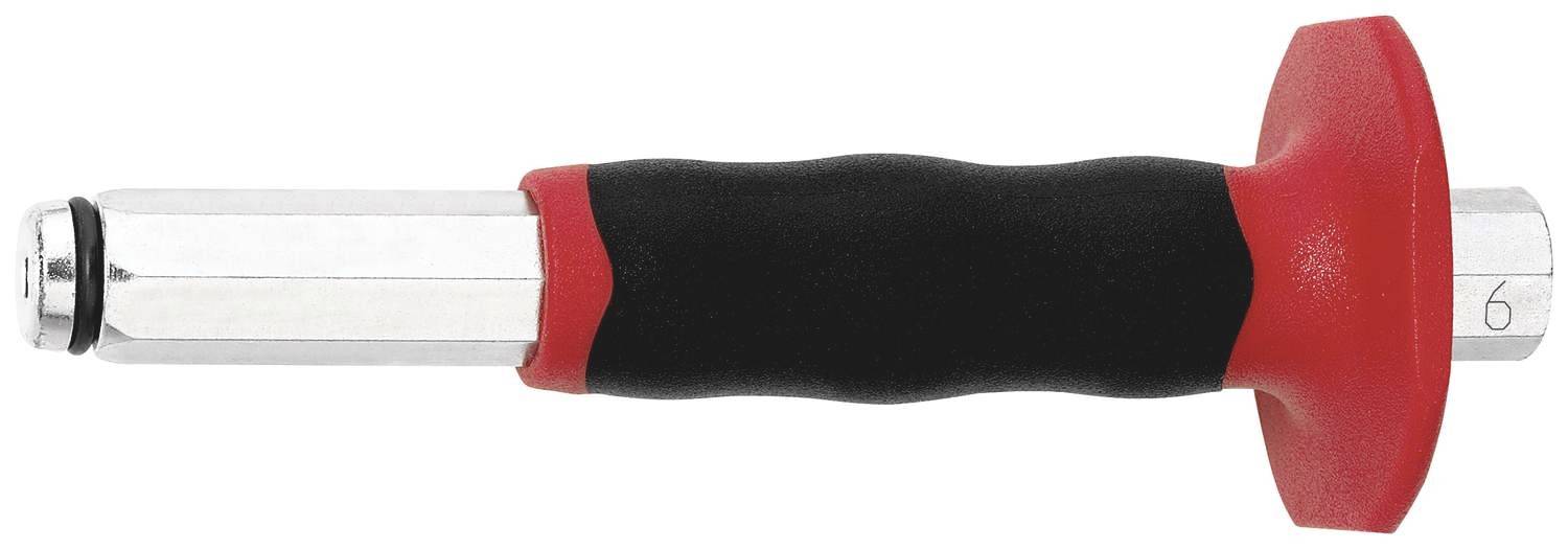 Metalen spreidplug met rode en zwarte kunststof handgreep, weergegeven van opzij.