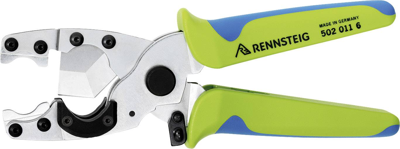 Krimptang met groene en blauwe handgrepen, merknaam 'Rennsteig' en modelaanduiding op de handgreep. Gebruikt voor kabelverbindingen.