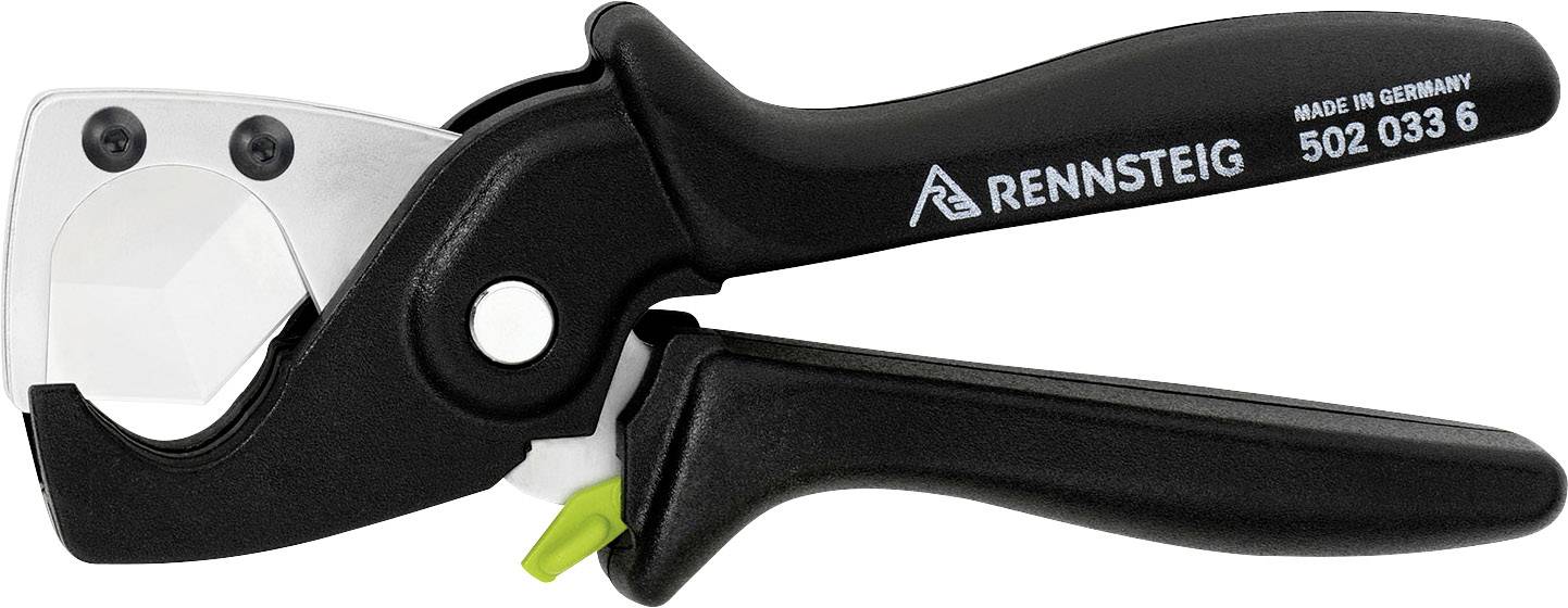 Zwart kabelsnijgereedschap met zilveren mes, groene veiligheidsschakelaar en opschrift 'Rennsteig' en 'Made in Germany'.