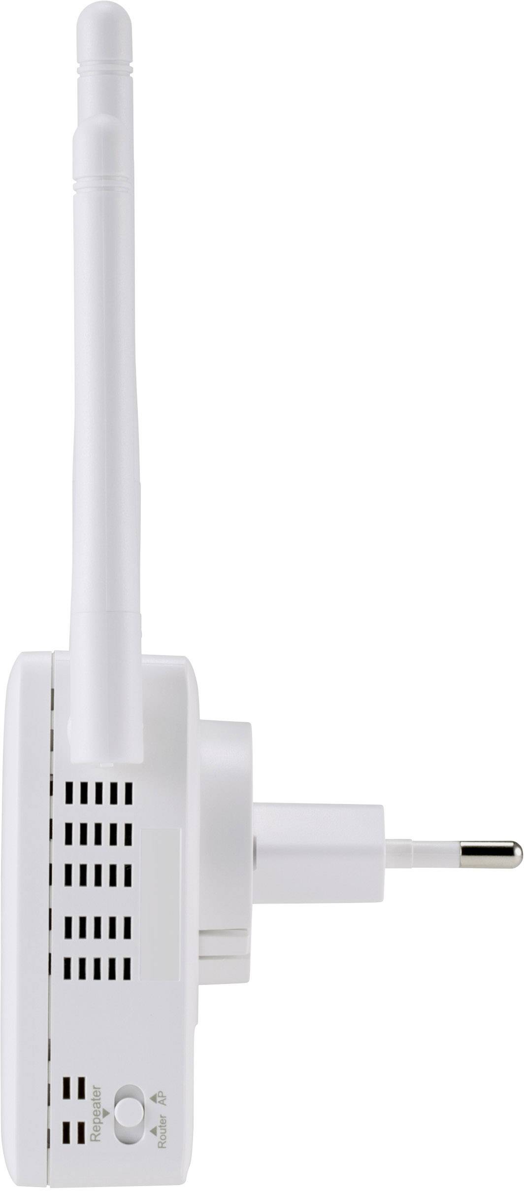 Een witte wifi-repeater met twee antennes en een EU-stekker voor het vergroten van het internetbereik.