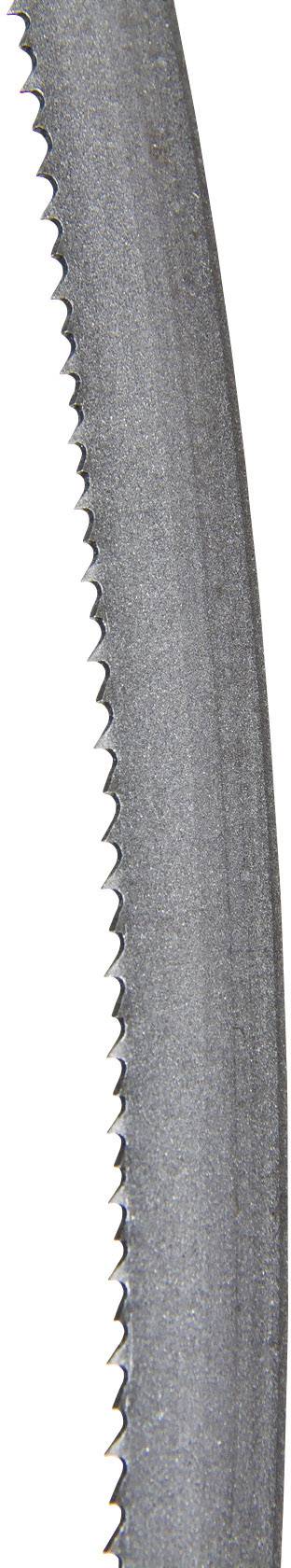 Gedetailleerde close-up van een getand metalen bandzaagblad dat wordt gebruikt voor het snijden van verschillende materialen.