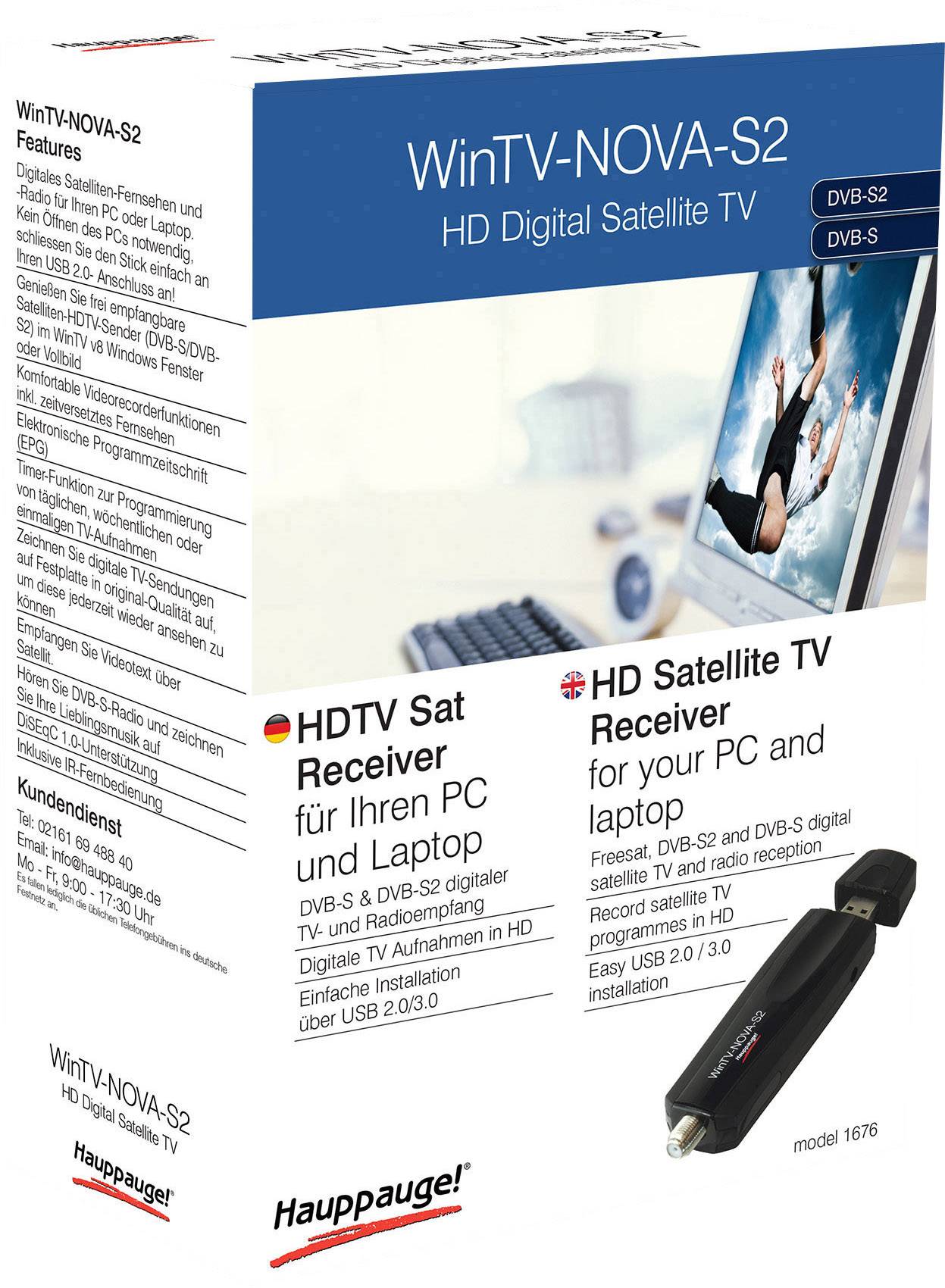 'WinTV-NOVA-S2' verpakking toont HDTV Sat-ontvanger voor pc en laptop. Bevat DVB-S2 digitale tv-ontvangst. Merk: Hauppauge.