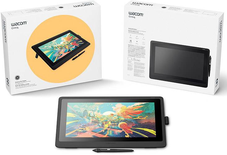 Wacom Cintiq grafisch tablet in verpakking. Voorkant toont een kleurrijk illustratiescherm, achterkant technische specificaties.