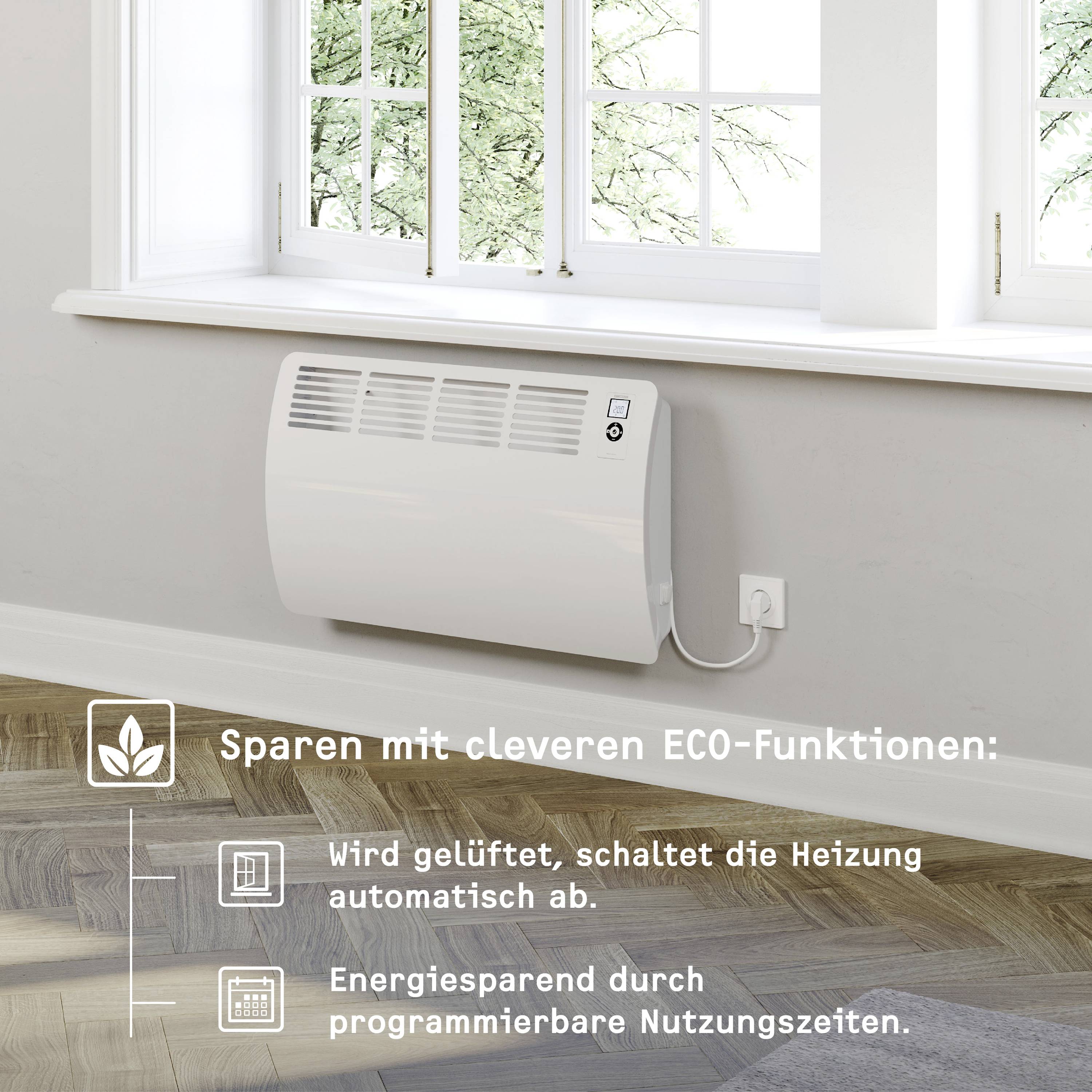 Een witte radiator onder een raam, naast tekst: 'Besparen met slimme ECO-functies: Wanneer er wordt geventileerd, schakelt de verwarming automatisch uit. Programmeerbare gebruikstijden.'