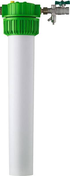Een witte waterfiltercilindrische behuizing met een groene kop en aansluitingen. Essentieel voor waterfilteringssystemen in huishoudens.
