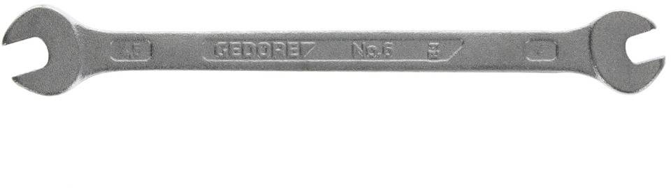 Een zilveren steeksleutel, gemerkt met 'GEDORE No. 8', met open uiteinden, geschikt voor het vast- of losdraaien van moeren.