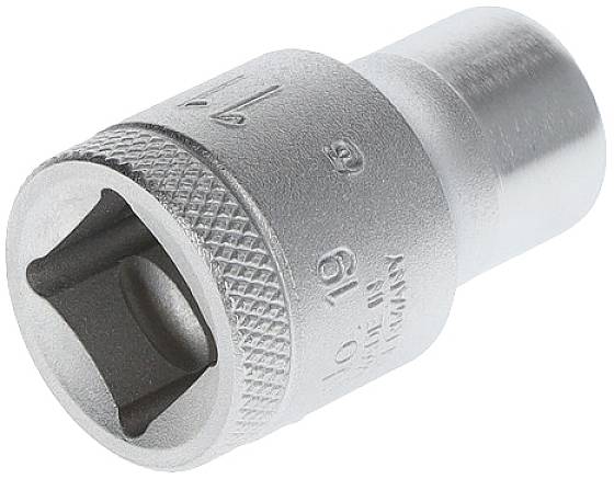 Metalen steekmoer met vierkante opening en geprofileerde rand, geschikt voor dopsleutelgereedschappen.