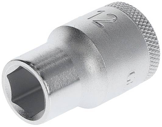 Metalen dopsleutel met zeskante opening, gegraveerd met het getal '12' voor de maat. Gereedschap met geribbeld uiteinde voor een betere grip.