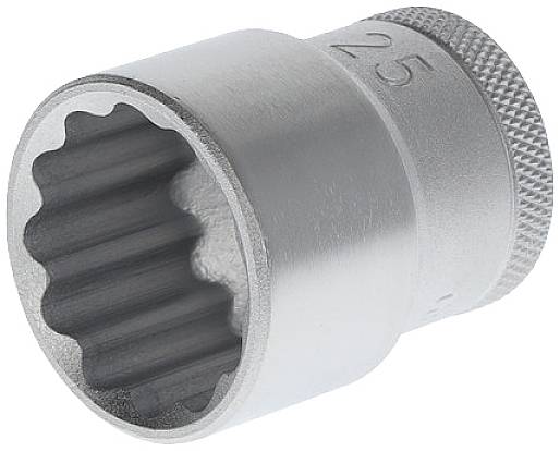 Een grijze 25-mm metalen dopmoer, met geribbelde uiteinde en afgeronde randen, geplaatst op een witte ondergrond.