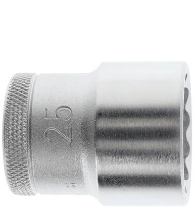 Metalen dopsleutel met de markering '25' aan de zijkant, met gegroefde oppervlakte voor betere grip. Gereedschap te gebruiken met een ratel.
