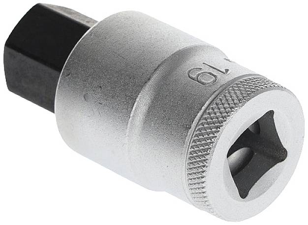 Een zilveren dopsleutel met zeskante uiteindes en een maat van 19 mm, geschikt voor het losdraaien of vastdraaien van schroefverbindingen in de mechanica.