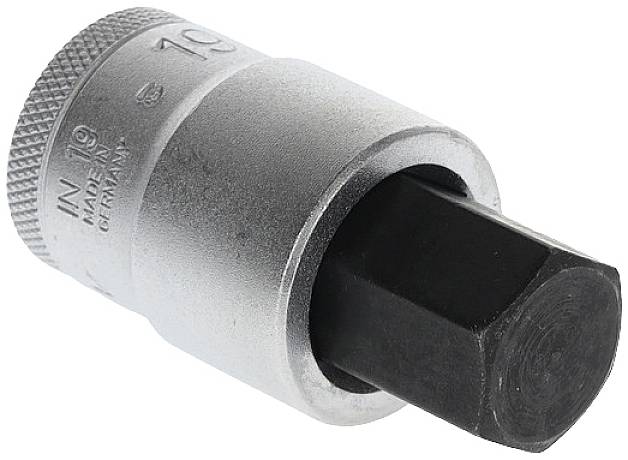 Een zilveren steeksleutel met een zeskante bit-aansluiting, geschikt voor reparatie- en onderhoudswerkzaamheden aan voertuigen.